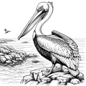 Pelican standing on a rock near the sea coloring page