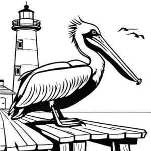 Pelican coloring page on wooden pier with lighthouse coloring page