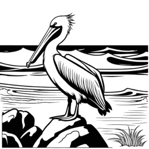 Pelican bird standing on rocky shore with waves in the background coloring page