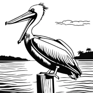 Pelican bird perched on wooden post with sunset in the background coloring page