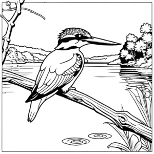 Kingfisher coloring page with river background coloring page