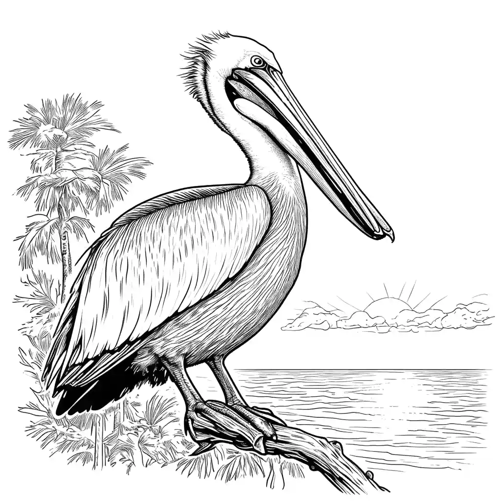 Pelican perched on a tree branch with a beautiful sunset in the background, coloring page
