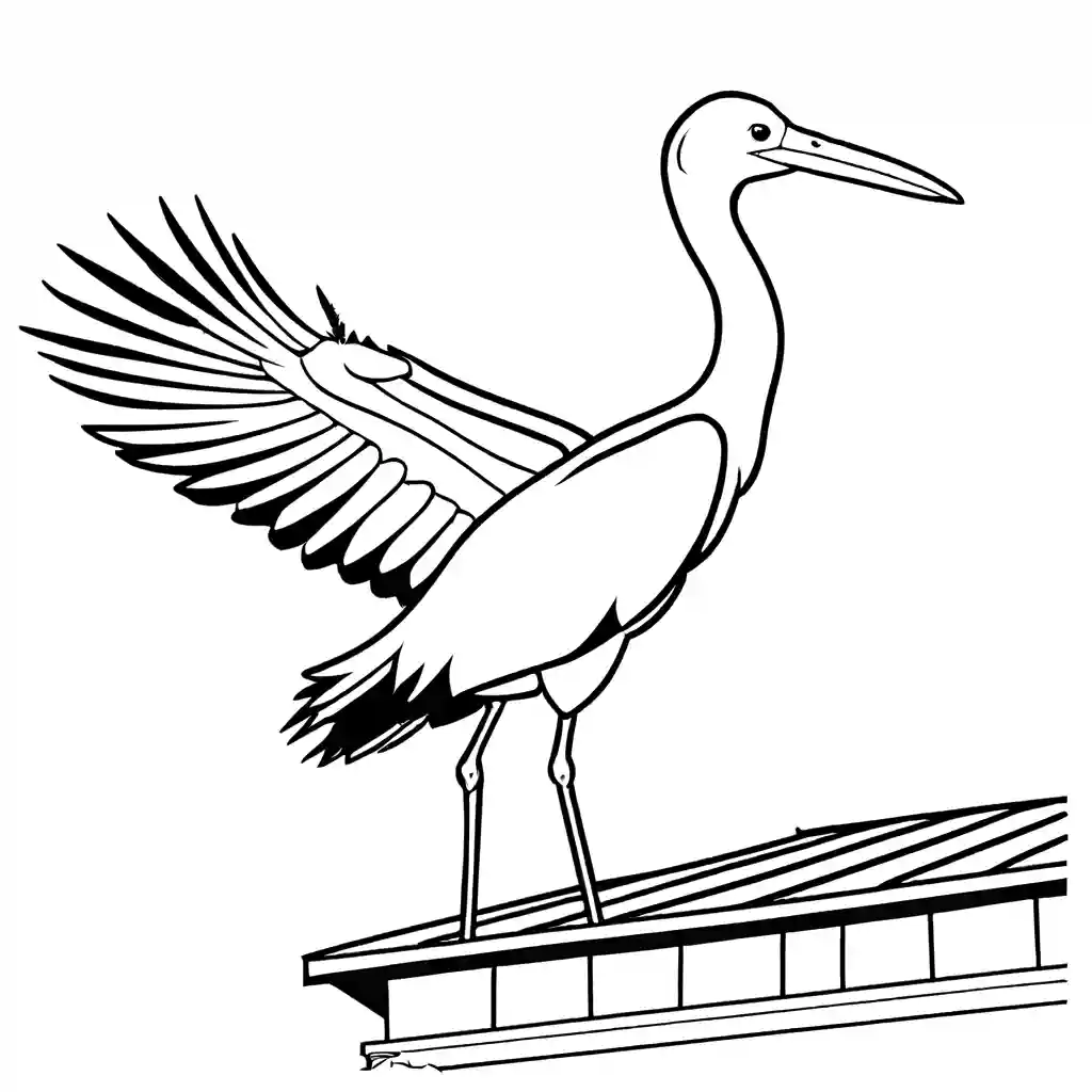 Stork bird perched on a rooftop with spread wings coloring page