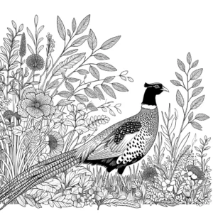 Pheasant standing in natural habitat with foliage and flowers coloring page
