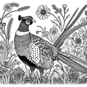 Detailed line drawing of a pheasant surrounded by tall grass and flowers coloring page
