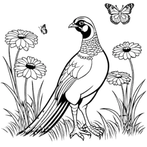 Pheasant coloring page with flowers and butterflies in a field coloring page