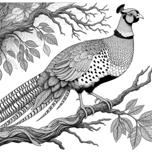 Intricate outline of a pheasant perched on a tree branch with leaves and feathers coloring page