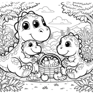 Dinosaur family having a picnic in prehistoric landscape for coloring page