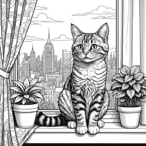 Playful cat coloring page with city skyline background coloring page