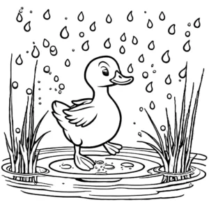 Playful duckling splashing in a puddle with raindrops and green grass coloring page