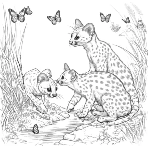 Genet coloring page with cute animals playing near a stream with butterflies flying around coloring page