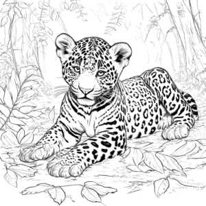 Jaguar cub playing in dappled sunlight of the forest floor coloring page