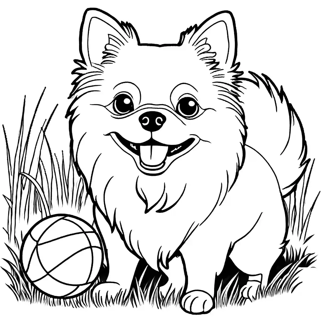 Pomeranian in a playful pose with a frisbee and a tennis ball in a grassy park coloring page illustration coloring page