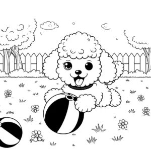 Poodle puppy playing with ball in park coloring page