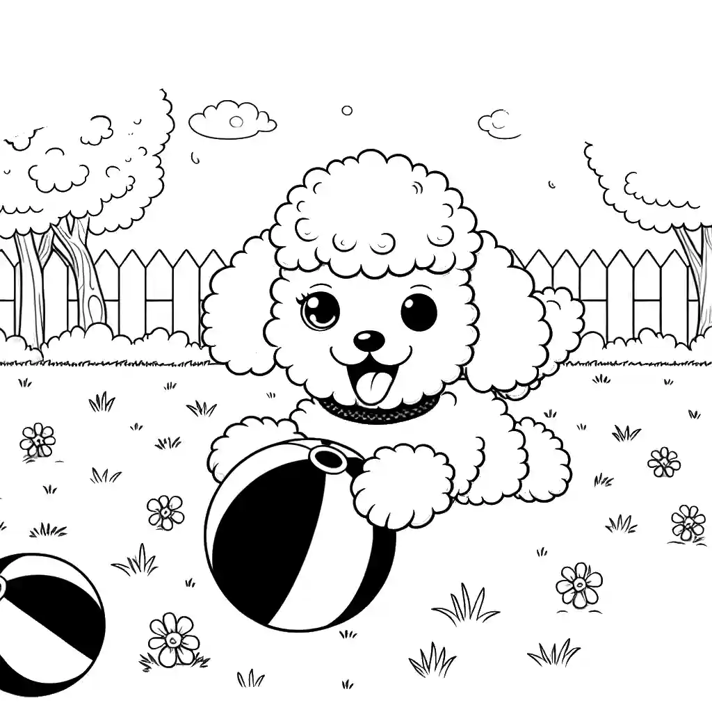 Poodle puppy playing with ball in park coloring page
