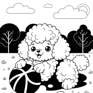 Poodle puppy playing with ball in sunny park coloring page