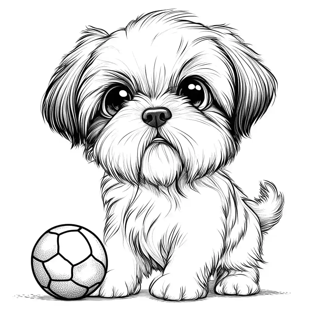 Cartoon Shih Tzu puppy playing with a ball for coloring page