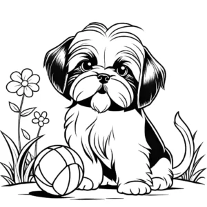 Shih Tzu puppy playing with a ball in a sunny backyard coloring page