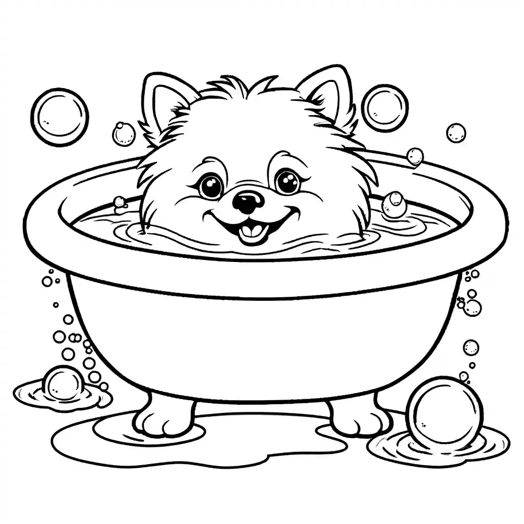 Pomeranian dog getting a bath with bubbles and a rubber duck toy coloring page illustration coloring page