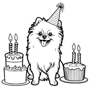 Pomeranian with a bowtie and party hat celebrating a birthday with cake and balloons coloring page illustration coloring page