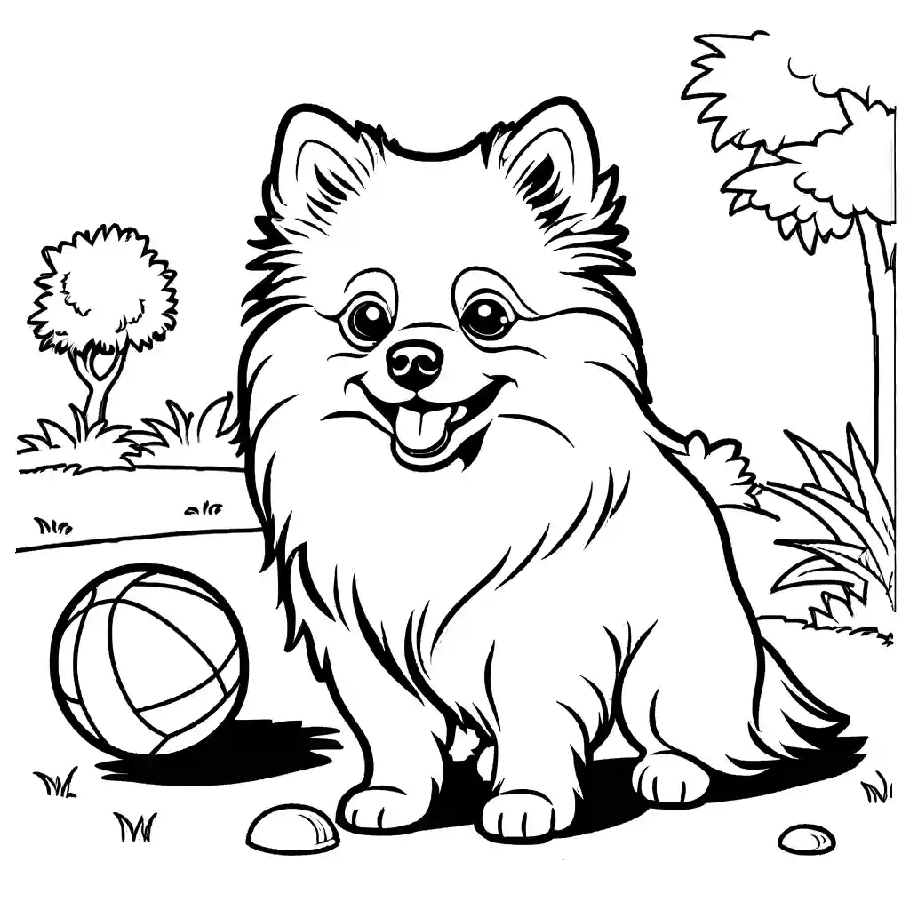 Pomeranian puppy playing with a ball in a sunny backyard coloring page illustration coloring page