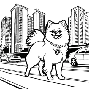 Pomeranian dog with a leash going for a walk in a city street with buildings and cars coloring page illustration coloring page
