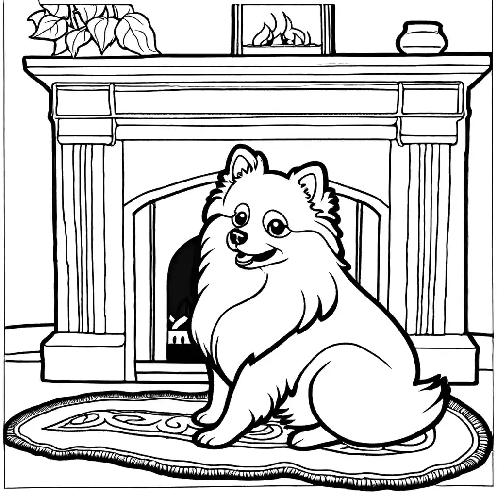 Pomeranian sitting on a cozy rug next to a fireplace with stockings coloring page illustration coloring page