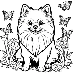 Pomeranian dog sitting in a garden surrounded by flowers and butterflies coloring page illustration coloring page