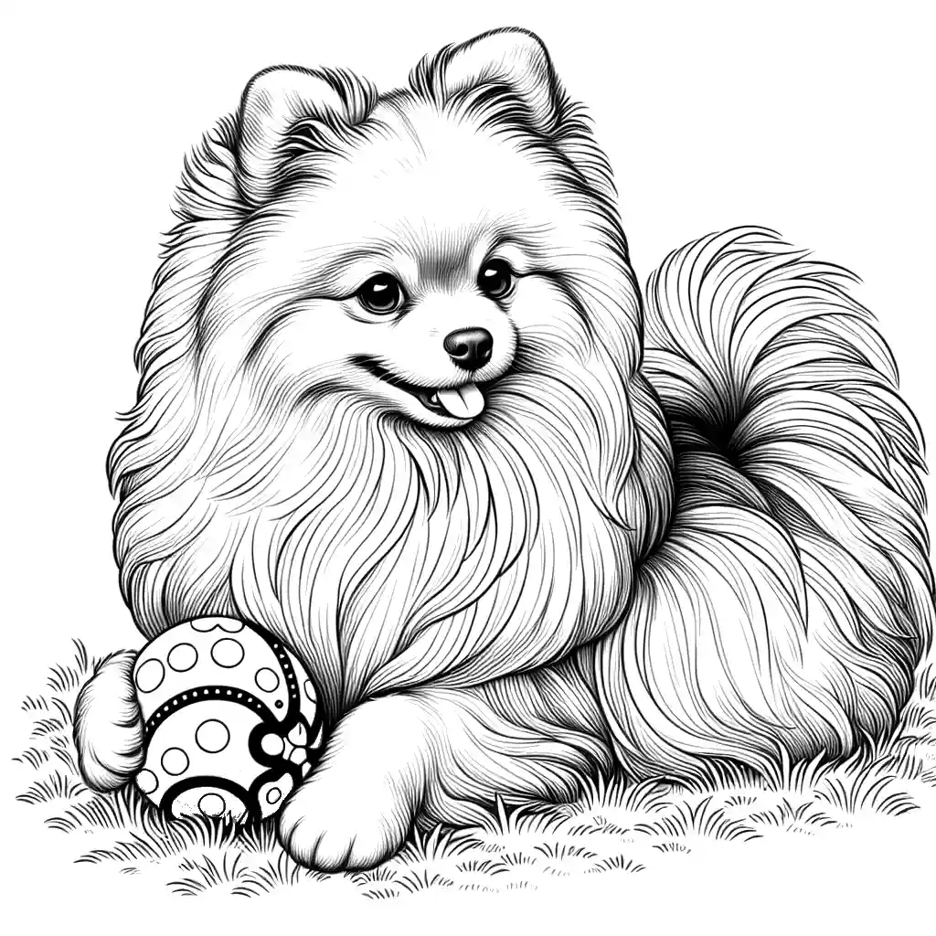Cute Pomeranian sitting on grass with a ball in its mouth coloring page