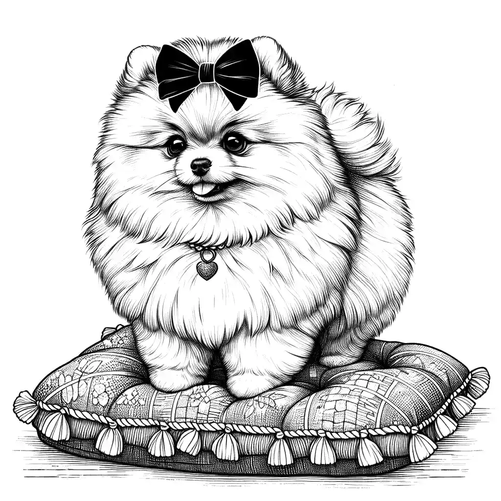 Fluffy Pomeranian wearing a bow standing on a cushion coloring page