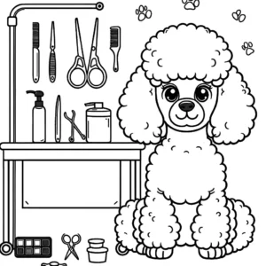 Poodle with Grooming Tools Coloring Page