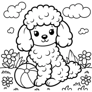 Fluffy poodle sitting with ball in flower garden coloring page