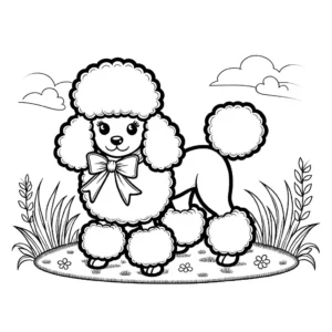 Poodle with Ribbon in Grass Coloring Page