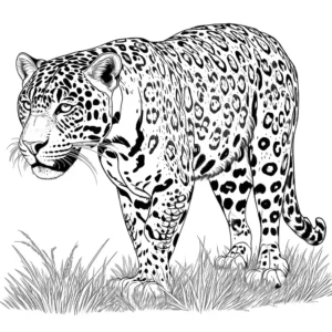 Powerful jaguar with rosette patterns in grassland habitat coloring page
