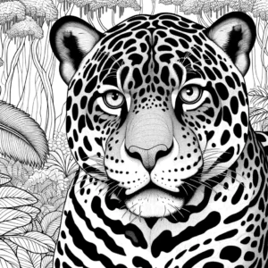 Powerful jaguar prowling through dense rainforest undergrowth coloring page