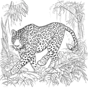 Jaguar blending into foliage in rainforest coloring page