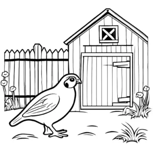 Quail chick exploring farmyard with barns, fences, and animals coloring page
