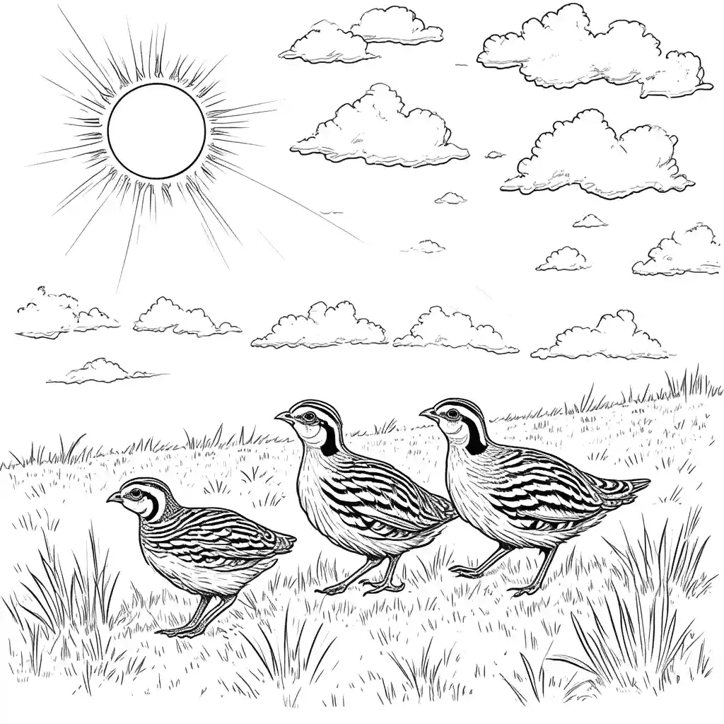 Quail bird family coloring page in a sunny field coloring page