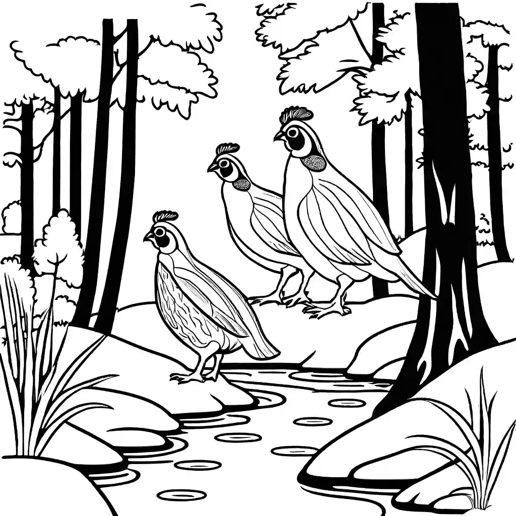 Quail family walking through forest near stream coloring page