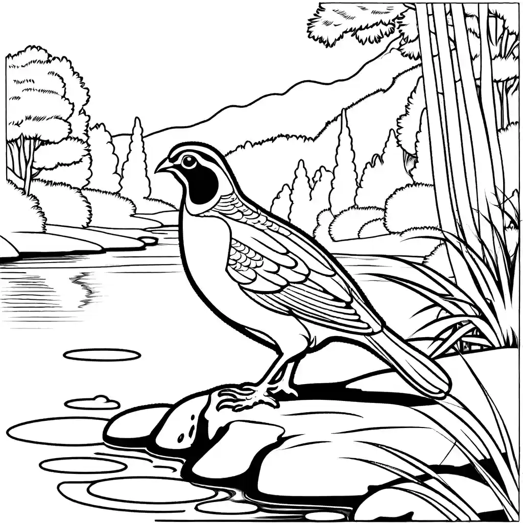 Quail standing by gentle stream with lush forest in background coloring page