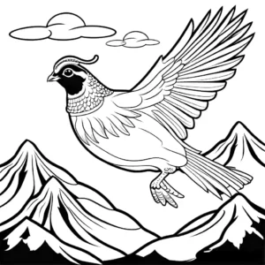 Majestic quail in flight surrounded by clouds and mountains coloring page