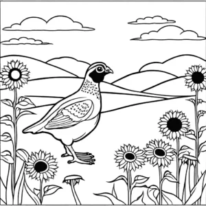 Quail walking through field of sunflowers with bright blue sky coloring page
