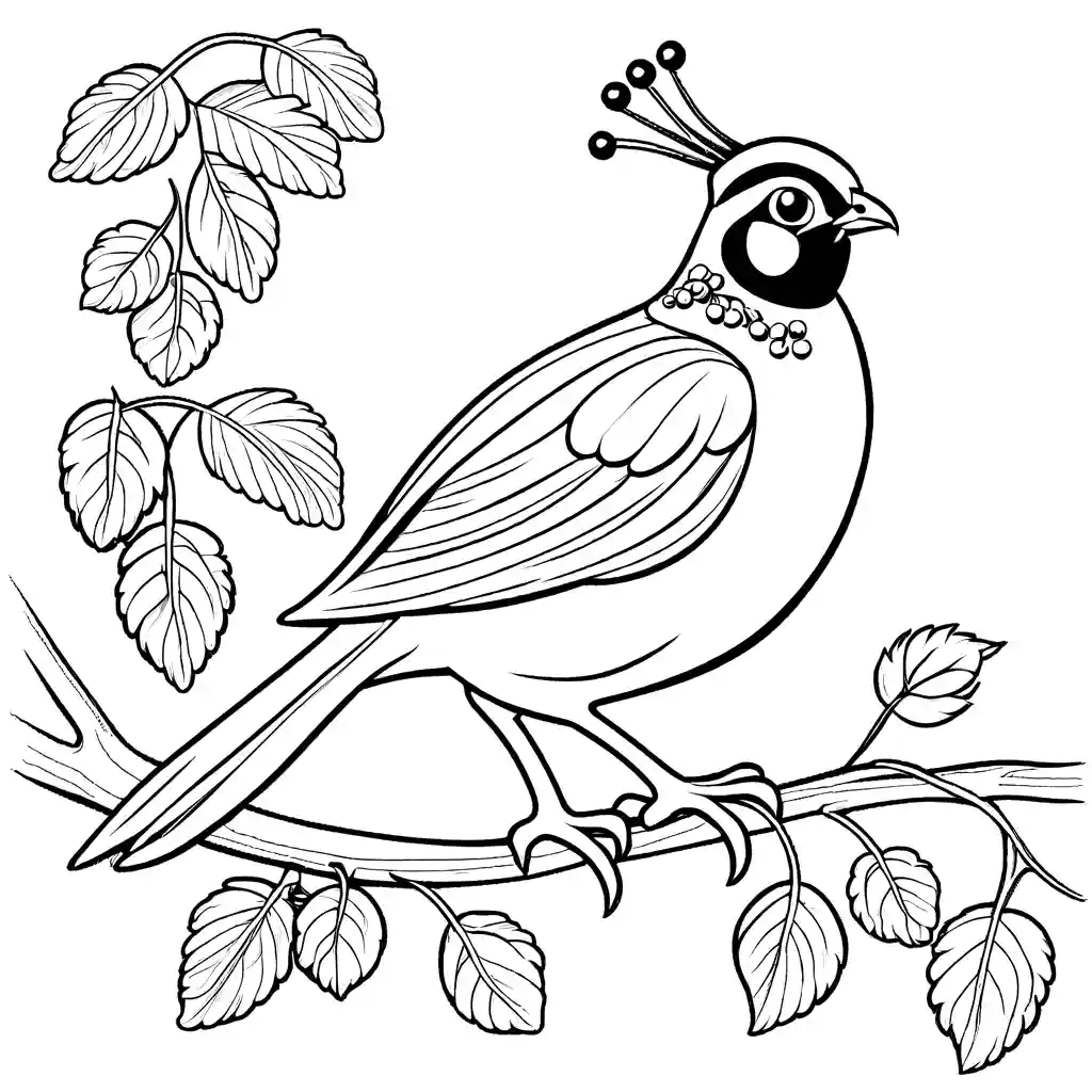 Adorable quail perched on tree branch with leaves and berries coloring page