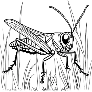Realistic grasshopper sitting in a grassy meadow for coloring page