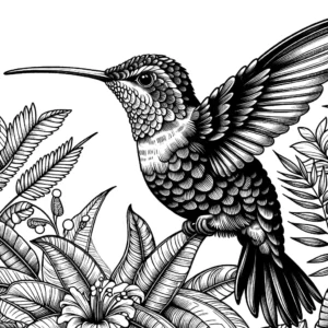 Realistic sketch of a hummingbird with long beak and elegant wings surrounded by tropical foliage in a coloring page