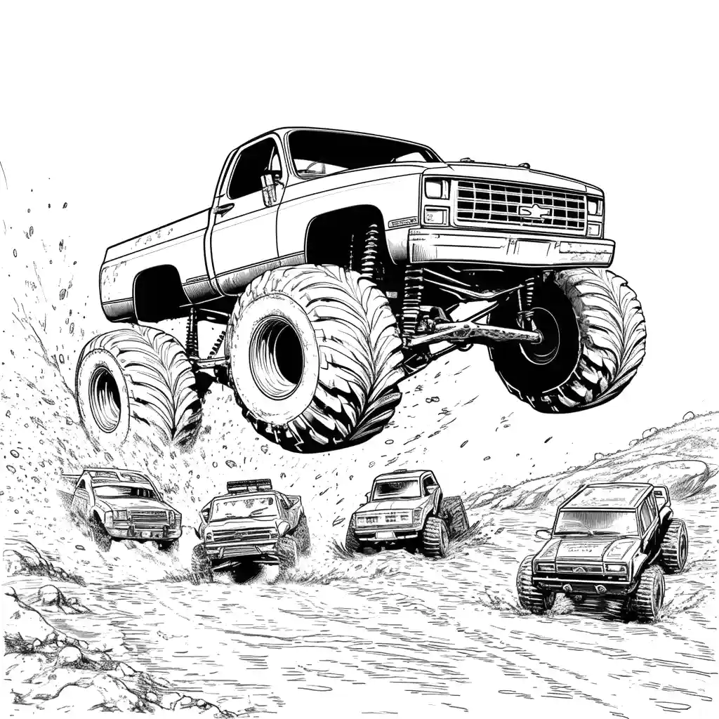 Realistic monster truck crushing over smaller vehicles in muddy off-road arena coloring page