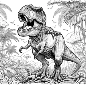 Detailed T-Rex coloring page roaring in jungle scene coloring page