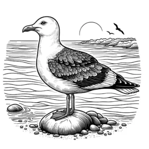 Seagull standing on a rock by the ocean with waves crashing in the background coloring page