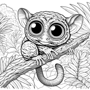 Realistic tarsier in its natural habitat, with big round eyes and long tail, standing on a tree branch - Coloring Page