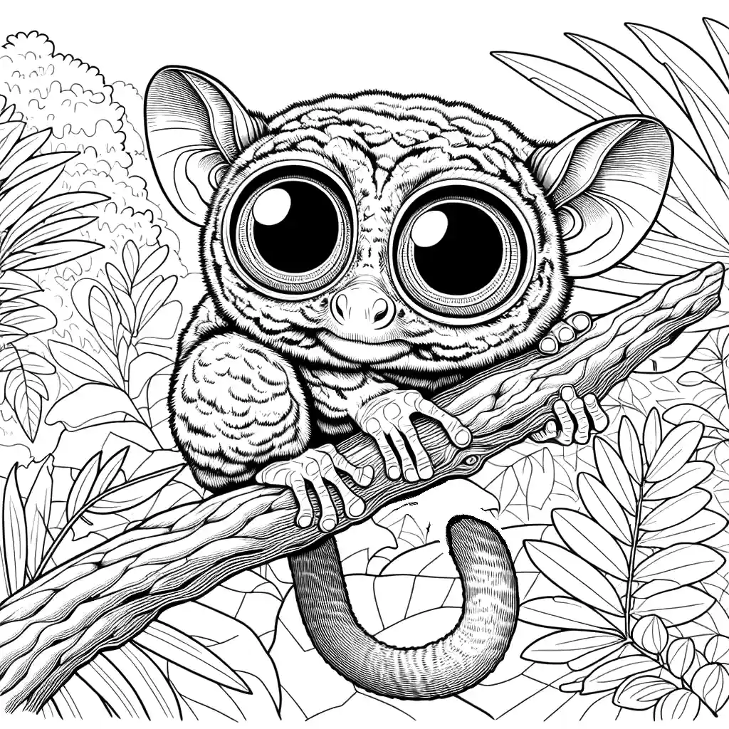 Realistic tarsier in its natural habitat, with big round eyes and long tail, standing on a tree branch - Coloring Page